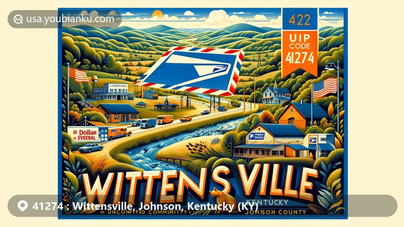 Modern illustration of Wittensville, Kentucky, showcasing postal theme with ZIP code 41274, featuring local landmarks like U.S. Postal Service office and Dollar General store, set against backdrop of scenic eastern Kentucky hills and Kentucky state flag.