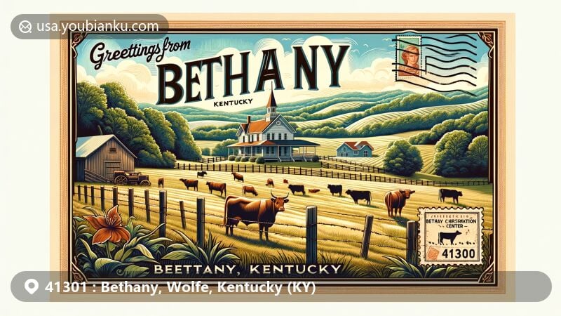 Vintage-style postcard illustration of Bethany, Wolfe County, Kentucky, highlighting rolling hills and cattle farms, featuring the Bethany Christian Mission Center and postal elements with ZIP code 41301.