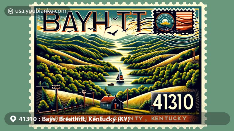 Modern illustration of Bays, Breathitt County, Kentucky, inspired by ZIP code 41310, featuring scenic Appalachian landscape with rolling hills, dense forests, and the Kentucky River.