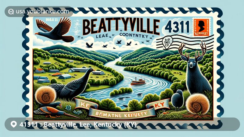 Modern illustration of Beattyville, Lee County, Kentucky, with ZIP code 41311, showcasing scenic beauty and postal theme, featuring wildlife, forests, and the Kentucky River.