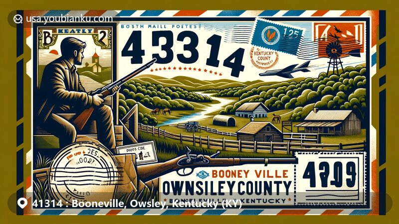 Creative illustration of Booneville, Owsley County, Kentucky, capturing the essence of the area with lush greenery, rolling hills, South Fork of the Kentucky River, Kentucky Rifle, Daniel Boone, and a vintage air mail theme with ZIP code 41314.
