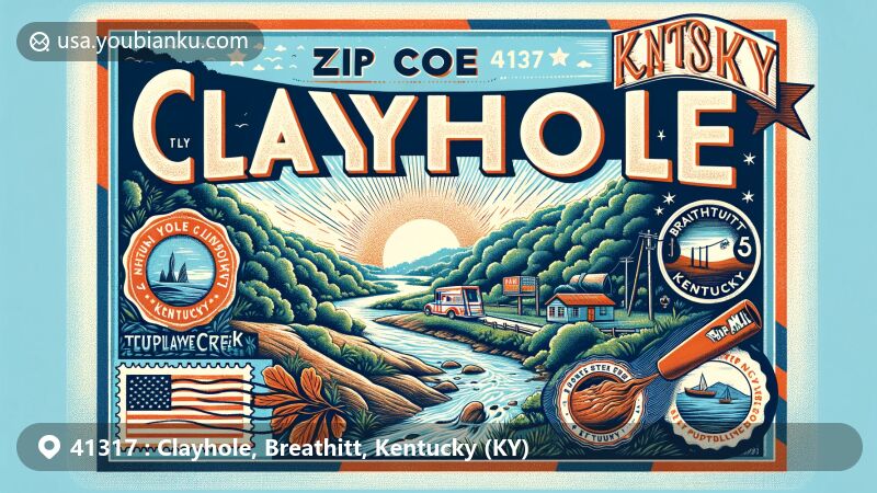 Modern illustration of Clayhole, Kentucky, depicting ZIP code 41317 and Troublesome Creek in Breathitt County, showcasing Kentucky state flag and local flora or fauna, with vintage postcard design and postal symbols.