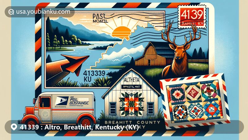 Creative portrayal of Altro, Breathitt County, Kentucky, with a focus on postal theme for ZIP code 41339, encompassing local culture, Appalachian Mountains scenery, and vintage postal elements like stamps and postmark.