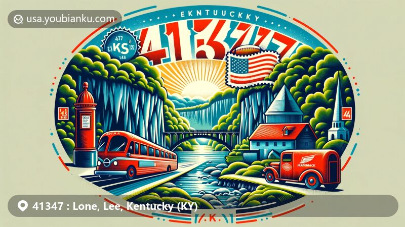 Modern illustration of Lone, Lee County, Kentucky, showcasing postal theme with ZIP code 41347, featuring Mammoth Cave and Kentucky state symbols.