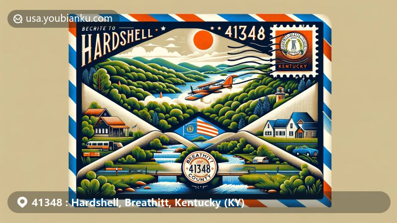 Modern illustration of Hardshell, Breathitt County, Kentucky, representing ZIP code 41348 with vintage air mail envelope and Kentucky state flag stamp, showcasing lush greenery and rolling hills of Eastern Kentucky.