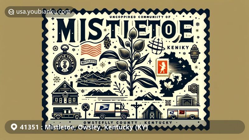 Creative illustration of Mistletoe, Owsley County, Kentucky, with postal theme and ZIP code 41351, featuring mistletoe plant, Kentucky outline, and vintage postal elements.