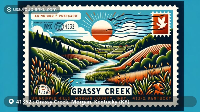 Modern illustration of Grassy Creek, Morgan County, Kentucky, featuring rolling hills, dense forests, and a tranquil creek, symbolizing the region's natural beauty and rural charm, with vintage-style postage stamp and postal theme.