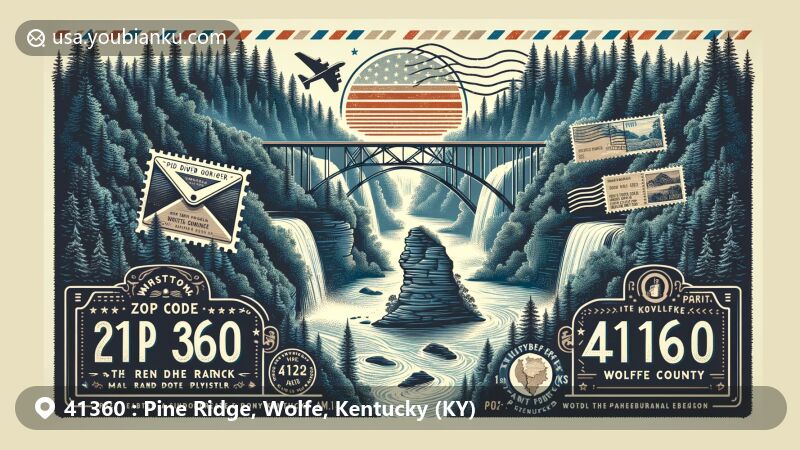 Modern illustration of Pine Ridge, Wolfe County, Kentucky, capturing the essence of the Red River Gorge and Whistling Arch within Daniel Boone National Forest, blending with vintage postal elements and Kentucky state flag.