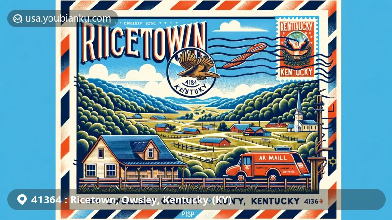 Modern illustration of Ricetown, Owsley County, Kentucky, featuring a postal theme with ZIP code 41364, showcasing lush Appalachian landscapes and local landmarks.