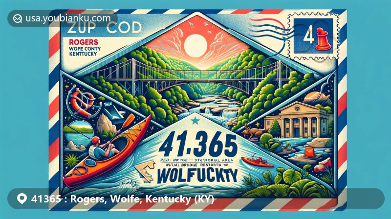 Modern illustration of Rogers, Wolfe County, Kentucky, showcasing postal theme with ZIP code 41365, featuring iconic local attractions like Red River Gorge Geological Area and Natural Bridge State Resort Park.