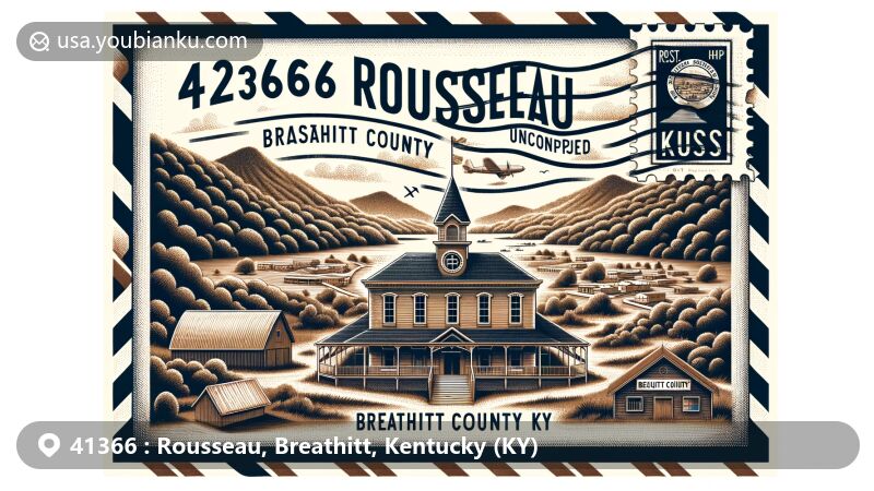 Modern illustration of Rousseau, Breathitt County, Kentucky, highlighting ZIP code 41366, featuring Appalachian natural beauty, National Register landmarks like the Breathitt County Jail, and vintage air mail theme.