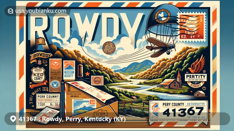Modern illustration of Rowdy, Perry County, Kentucky, featuring vintage air mail envelope with ZIP code 41367, scenic views, Kentucky elements, and Perry County heritage symbols.