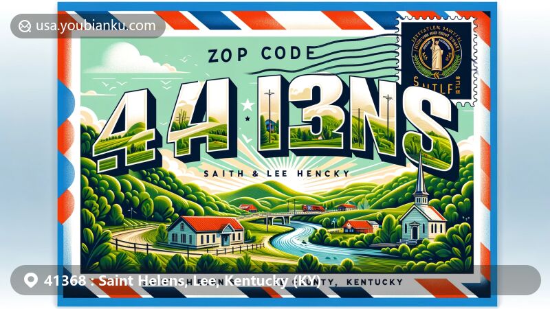 Modern illustration of Saint Helens, Lee County, Kentucky, depicting rural charm and natural beauty, featuring ZIP code 41368, stylized post office/mailbox, Kentucky state flag, and Lee County geographical outline.