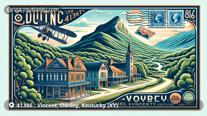 Modern illustration of Owsley County, Kentucky, showcasing rural landscape with rolling hills, farms, and quaint small town charm, highlighting local agriculture and community spirit.