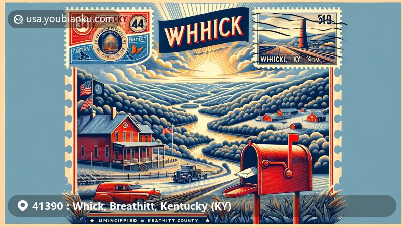 Whimsical illustration of Whick, Breathitt County, Kentucky, combining postal theme with ZIP code 41390, featuring vintage postal card and iconic Kentucky symbols.