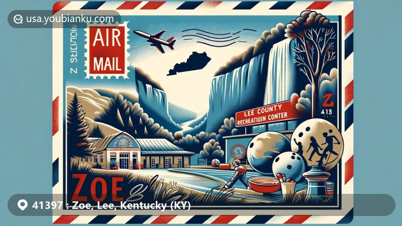 Modern illustration of Zoe, Lee County, Kentucky, featuring ZIP code 41397, highlighting regional elements and natural beauty with Red River Gorge rock formations.