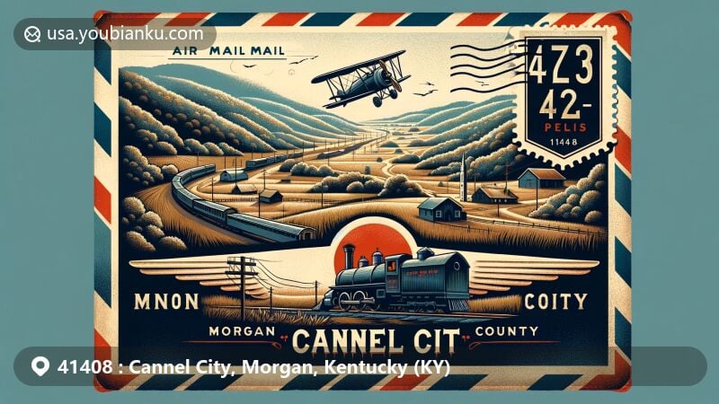 Vintage-style illustration of Cannel City, Morgan County, Kentucky, framed by an air mail envelope, highlighting the scenic beauty of Eastern Kentucky foothills and Cumberland Mountain Range.