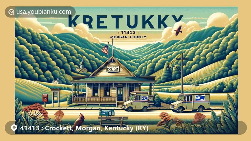 Modern illustration of Crockett area in Morgan County, Kentucky with vibrant postal theme showcasing old-style post office, vintage postal truck, and Kentucky state symbols like Northern Cardinal and Goldenrod, surrounded by lush green hills and forests.