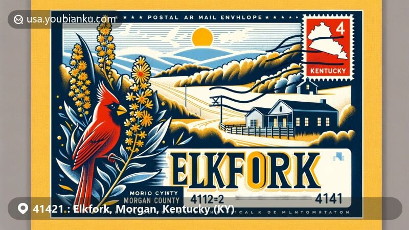 Creative illustration of Elkfork, Morgan County, Kentucky, depicting postal theme with ZIP code 41421 as a modern postcard or air mail envelope, featuring rural landscape and state symbols.