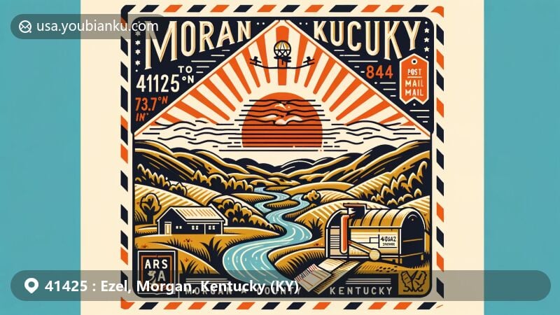 Modern illustration of Ezel, Morgan County, Kentucky, capturing postal theme with ZIP code 41425, featuring rural charm and natural beauty. Stylized landscape includes coordinates (37.89111°N, 83.44444°W) and vintage-style postcard with map outline of Morgan County.