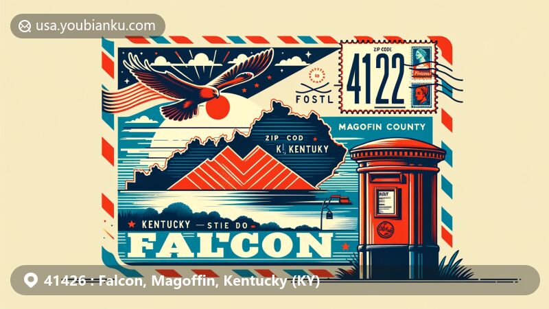 Modern illustration of Falcon, Kentucky, in Magoffin County, featuring ZIP code 41426, showcasing natural beauty with Big Half Mountain silhouette and Kentucky state outline.