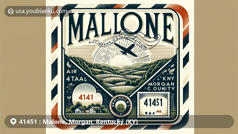 Modern illustration of Malone, Morgan County, Kentucky, featuring vintage air mail envelope with ZIP code 41451, showcasing state's rolling hills and forests in vibrant colors.
