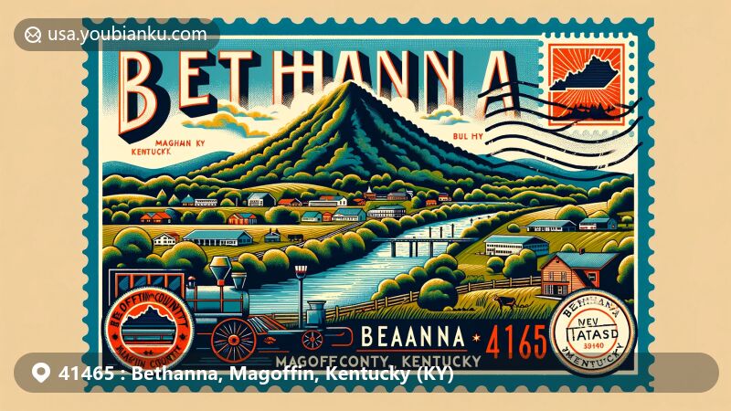 Modern illustration of Bethanna, Magoffin County, Kentucky, highlighting Big Half Mountain and lush Eastern Kentucky landscapes, including the Licking River, vintage postal elements, and a postmark with ZIP code 41465.
