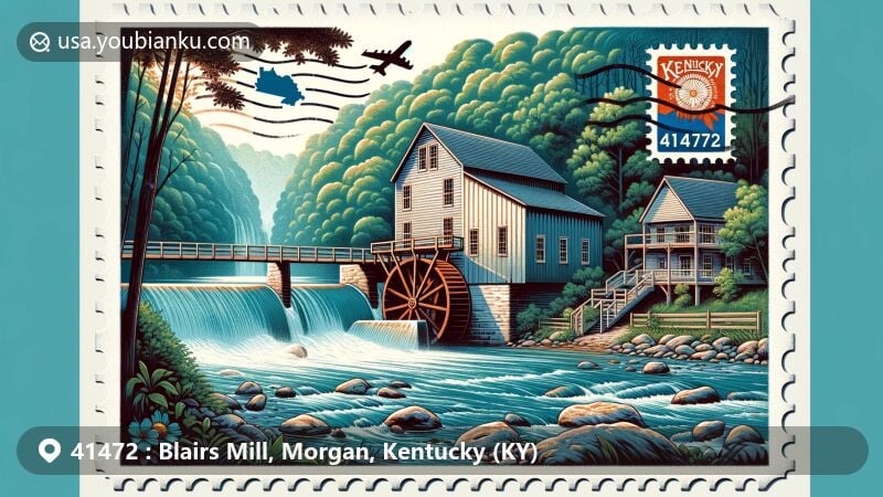 Modern illustration of Blairs Mill, Morgan, Kentucky (KY), showcasing Blair family's historic mill in lush natural surroundings with Elam Branch river flowing nearby and dense forests in the background, featuring creative postcard or airmail envelope design with Kentucky state flag as stamp, '41472' ZIP Code and postmark, along with a small postal mailbox or van motif, highlighting postal theme.