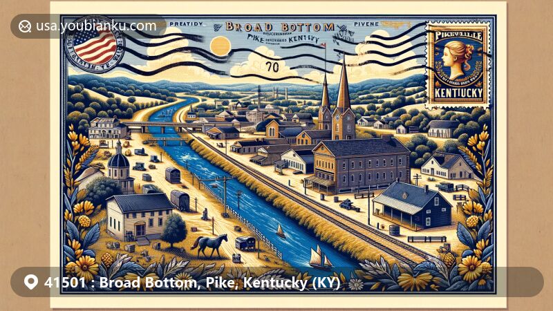Modern illustration of Broad Bottom area in Pike, Kentucky, featuring historic landmarks like York House and Pikeville Cut-Through, along with Kentucky state symbols and postal theme with ZIP code 41501.