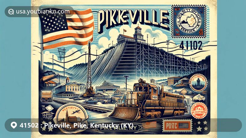 Vivid illustration of Pikeville, Kentucky, depicting the Pikeville Cut-Through project and Kentucky state flag, with a postal theme, vintage stamps of University of Pikeville and Hatfield-McCoy feud historical site, and postmark stamp showing ZIP code 41502.
