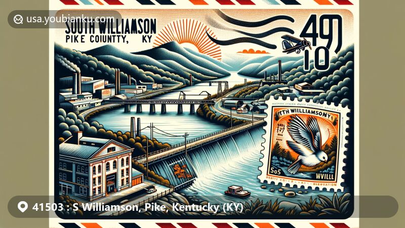 Modern illustration of South Williamson, Pike County, Kentucky, representing ZIP code 41503, featuring Appalachian Mountains, coal mining heritage, Hatfield & McCoy feud stamp, Tug Fork River, and floodwall protection.