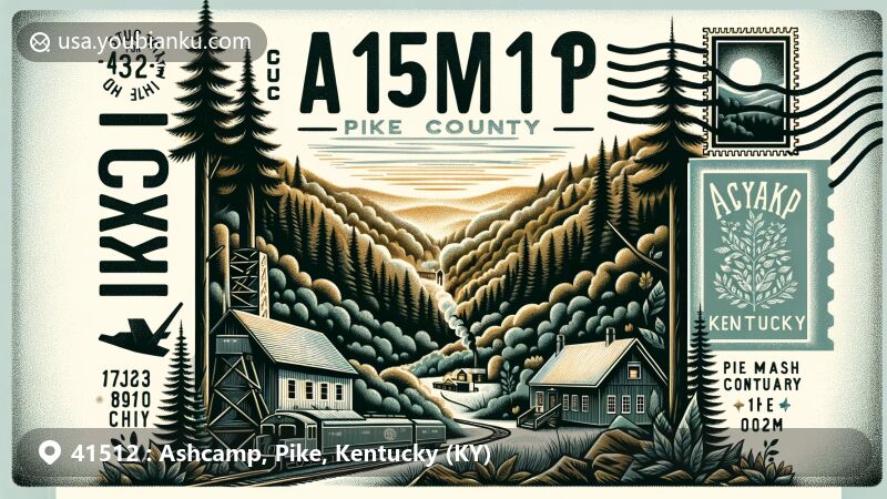 Modern illustration of Ashcamp area in Pike County, Kentucky, highlighting Appalachian wilderness, coal mining heritage, and local wildlife, with vintage postcard design featuring ZIP code 41512 and state name.