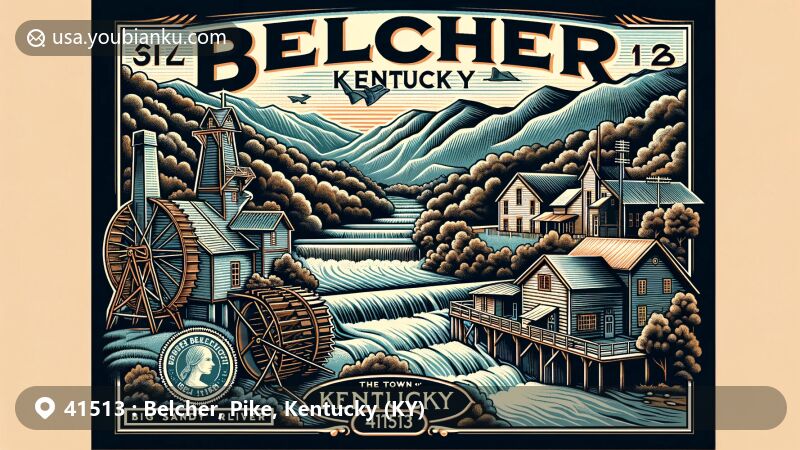 Modern illustration of Belcher, Kentucky, showcasing ZIP code 41513 and featuring Cumberland Mountains, Belcher Gristmill, and Big Sandy River.