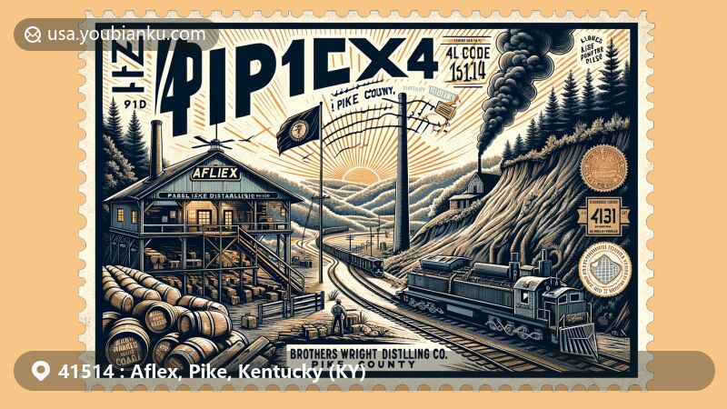 Modern illustration of Aflex, Pike County, Kentucky, featuring innovative distillery and coal mining theme, set against the backdrop of Appalachian Mountains, with vintage postmark and ZIP code 41514.