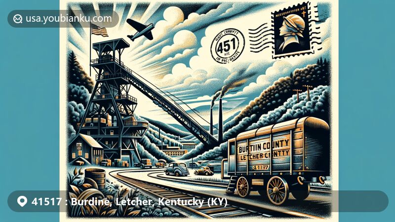 Historical illustration of the Burdine area in Letcher County, Kentucky, showcasing coal mining heritage and rugged Appalachian landscape, featuring vintage coal mining tools and airmail envelope with ZIP code 41517.