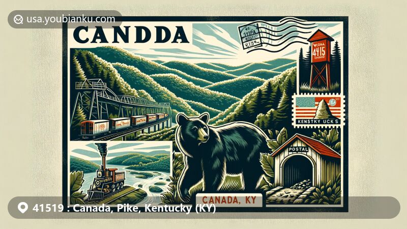 Modern illustration of ZIP Code 41519, Canada, Pike County, Kentucky, showcasing Appalachian landscape with mountains and forests, highlighting Black Bear and coal mine entrance, featuring vintage postcard with postal symbols like stamp, postmark, and mailbox.