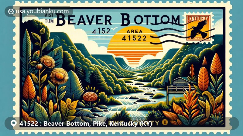 Modern interpretation of Beaver Bottom in Pike County, Kentucky, featuring ZIP code 41522 in a postcard-inspired scene with Appalachian Mountains, local flora, and state symbols like the goldenrod and cardinal.