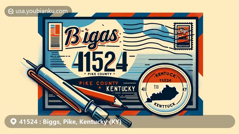 现代插图，展示了肯塔基州派克县大比格斯（Biggs, Pike County, Kentucky）的41524邮政编码，设计风格模拟明信片或航空信封，突出显示地标和邮政主题。