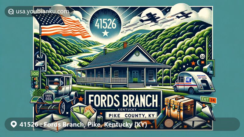 Modern illustration of Fords Branch, Pike County, Kentucky, showcasing postal theme with ZIP code 41526, featuring Appalachian Mountains, post office building, and Kentucky state symbols.