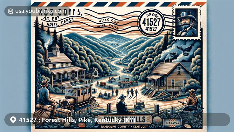 Creative illustration of Forest Hills, Pike County, Kentucky, blending local scenery with postal elements, showcasing Hatfields & McCoys feud history in the Appalachian Mountains.