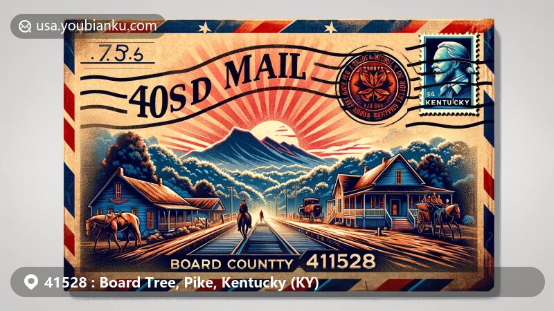 Modern illustration of Board Tree, Pike County, Kentucky, featuring Hatfields & McCoys feud sites and vintage air mail envelope with Kentucky state flag stamp, highlighting ZIP code 41528.