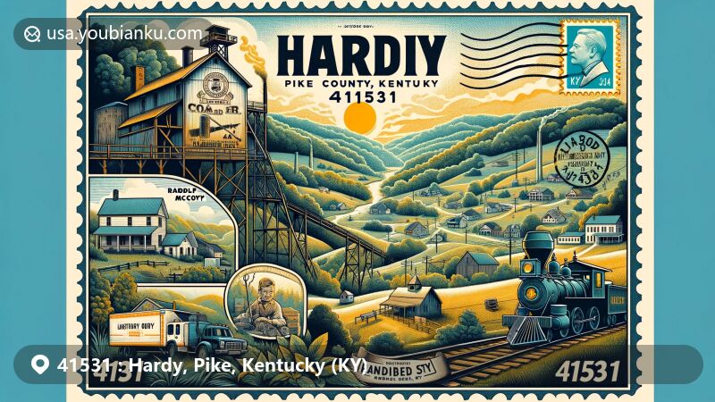 Modern illustration of Hardy, Pike County, Kentucky, showcasing postal theme with ZIP code 41531, featuring Hardy coal town and historical figures, surrounded by lush landscapes of Pike County.