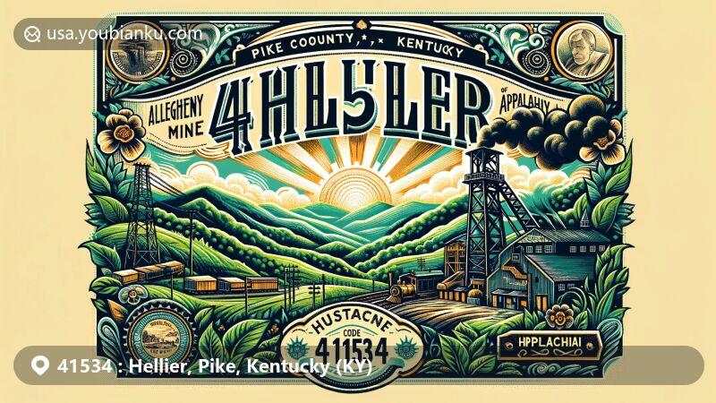 Modern illustration of Hellier, Pike County, Kentucky, showcasing coal mining heritage and Appalachian culture, featuring Allegheny Mine, lush greenery, and vintage postcard design.
