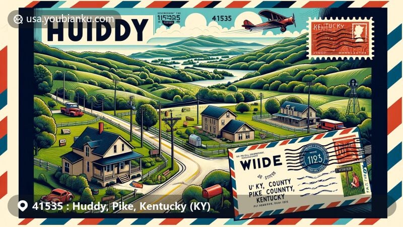 Modern illustration of Huddy, Pike County, Kentucky, featuring postal theme with ZIP code 41535, showcasing Appalachian landscapes, U.S. Route 119, and Kentucky Route 199.