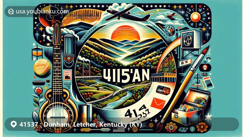 Modern illustration of Dunham, Letcher County, Kentucky, featuring Appalachian mountains, musical instruments, artistic tools, and postal elements with ZIP code 41537, capturing the community's history, culture, and commitment to arts and communication.