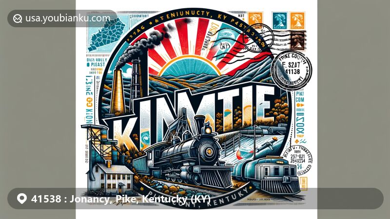 Modern illustration of Jonancy, Pike County, Kentucky, featuring postal theme with ZIP code 41538, showcasing coal mining heritage and Eastern Coal Field landscape.