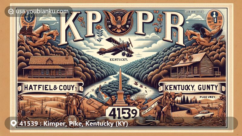 Modern illustration of Kimper, Pike County, Kentucky, merging postal themes with historical elements like the Hatfield & McCoy Feud, natural beauty of rolling hills and forests, and ZIP code 41539.