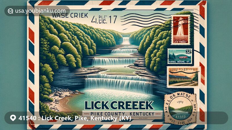 Modern illustration of Lick Creek Falls in Pike County, Kentucky, within the Daniel Boone National Forest, encapsulated in a vintage-style air mail envelope with postal elements, showcasing the postal code 41540.