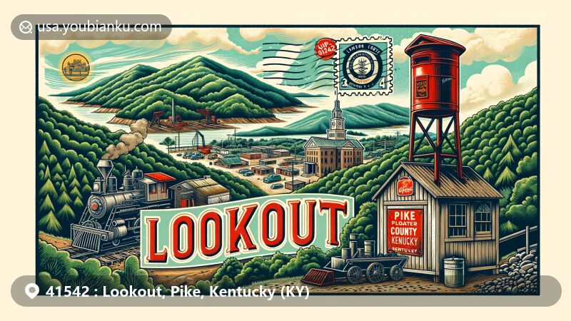 Modern illustration of Lookout, Pike County, Kentucky, blending Appalachian mountain scenery with postal elements, showcasing coal town history and Pike County Courthouse.