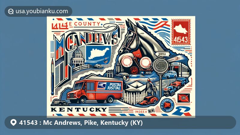 Modern illustration of McAndrews, Pike County, Kentucky, with postal theme showcasing ZIP code 41543. Features Kentucky's state symbols and local heritage, including geography, state flag, and a stylized Kentucky horse.